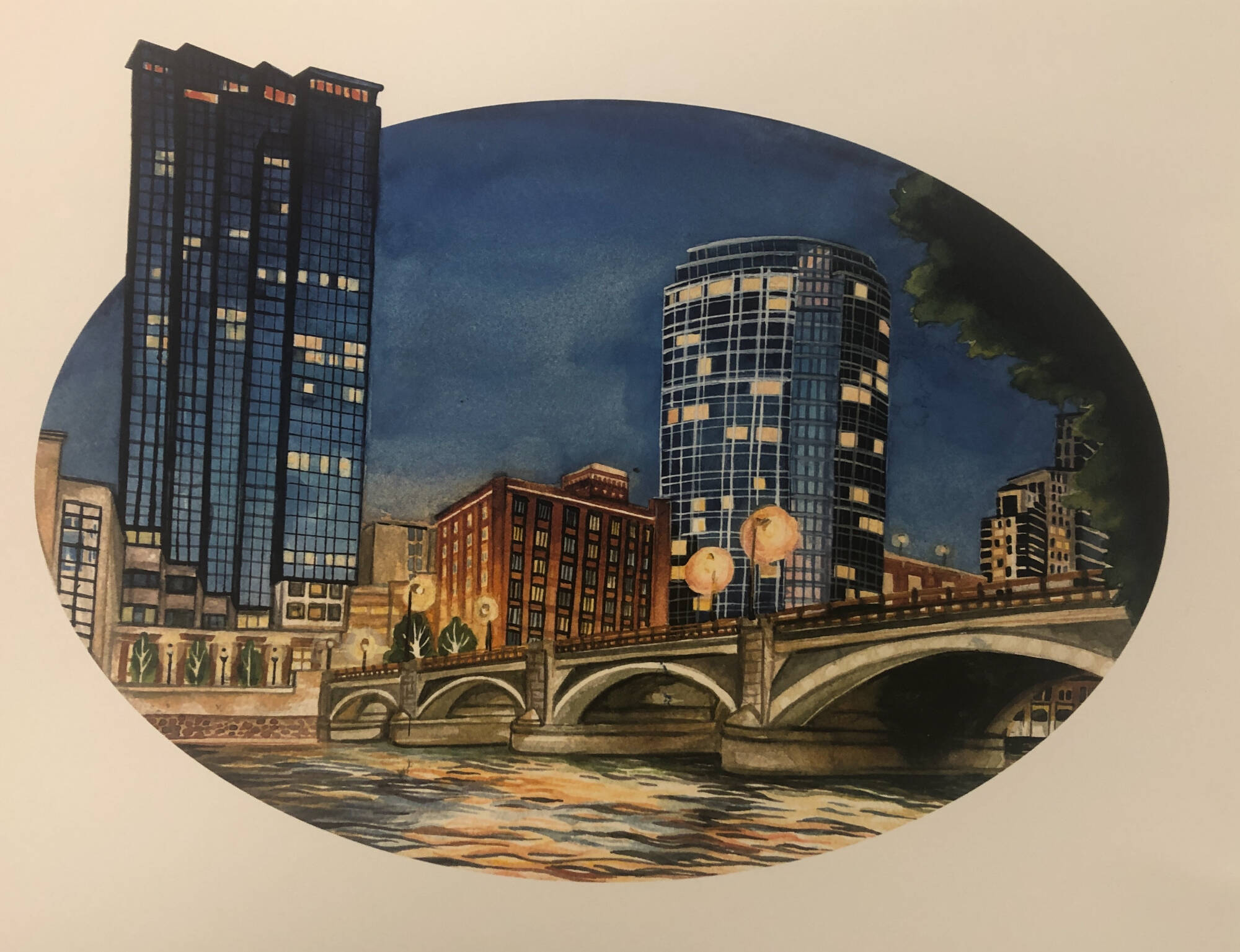 Watercolor painting of the Grand Rapids skyline at night.